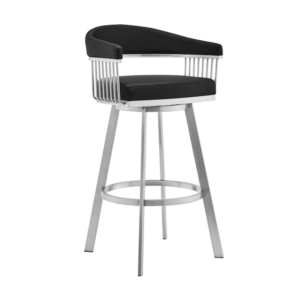 Armen Living Bronson 29" Black Faux Leather and Brushed Stainless Steel Swivel Bar Stool 721535762217 - main